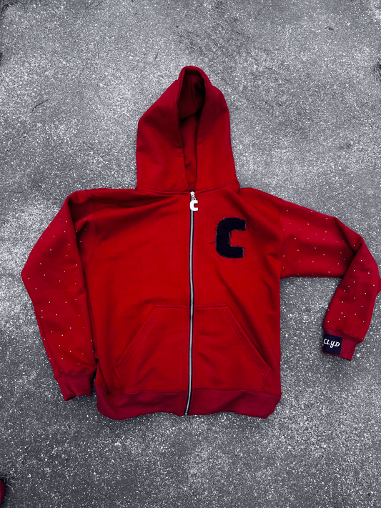 RED "CANT LET YOU DOWN" DISTRESSED RHINESTONE ZIPUP HOODIE