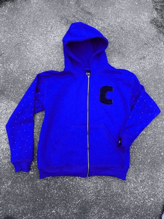 BLUE "CANT LET YOU DOWN" DISTRESSED RHINESTONE ZIPUP HOODIE